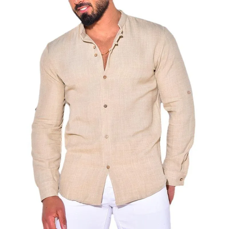 Men's Casual Cotton Linen Stand Collar Slim Long Sleeve Shirt 37012566M sold by Manly