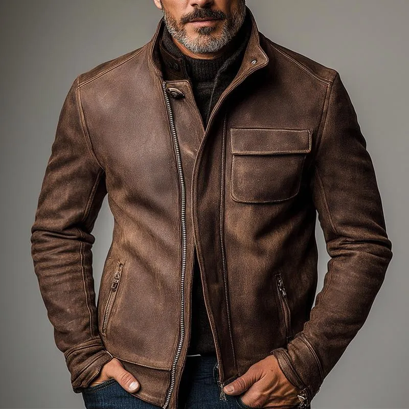Men's Vintage Stand Collar Leather Jacket 12308051X sold by Manly product image thumbnail 2