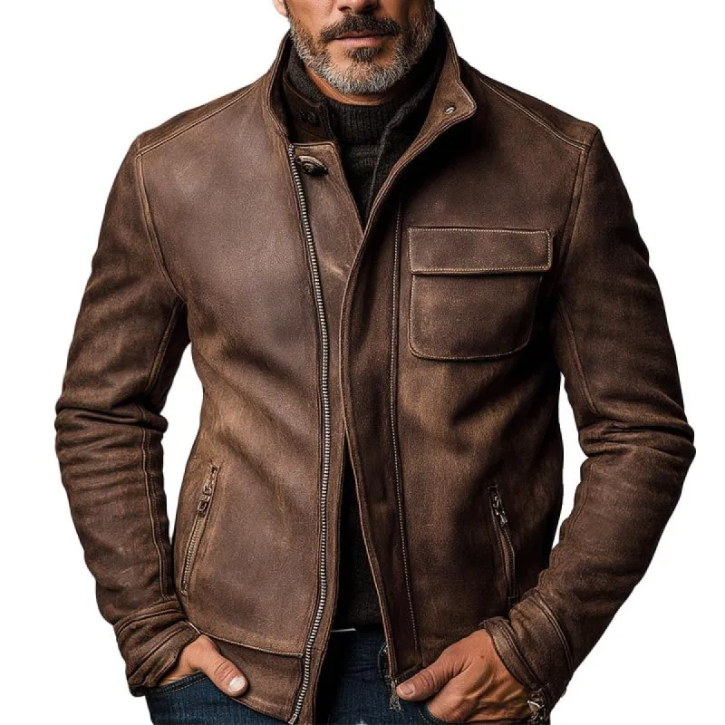 Men's Vintage Stand Collar Leather Jacket 12308051X sold by Manly