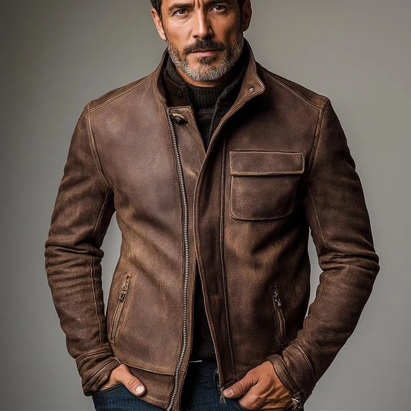 Men's Vintage Stand Collar Leather Jacket 12308051X sold by Manly product image thumbnail 4