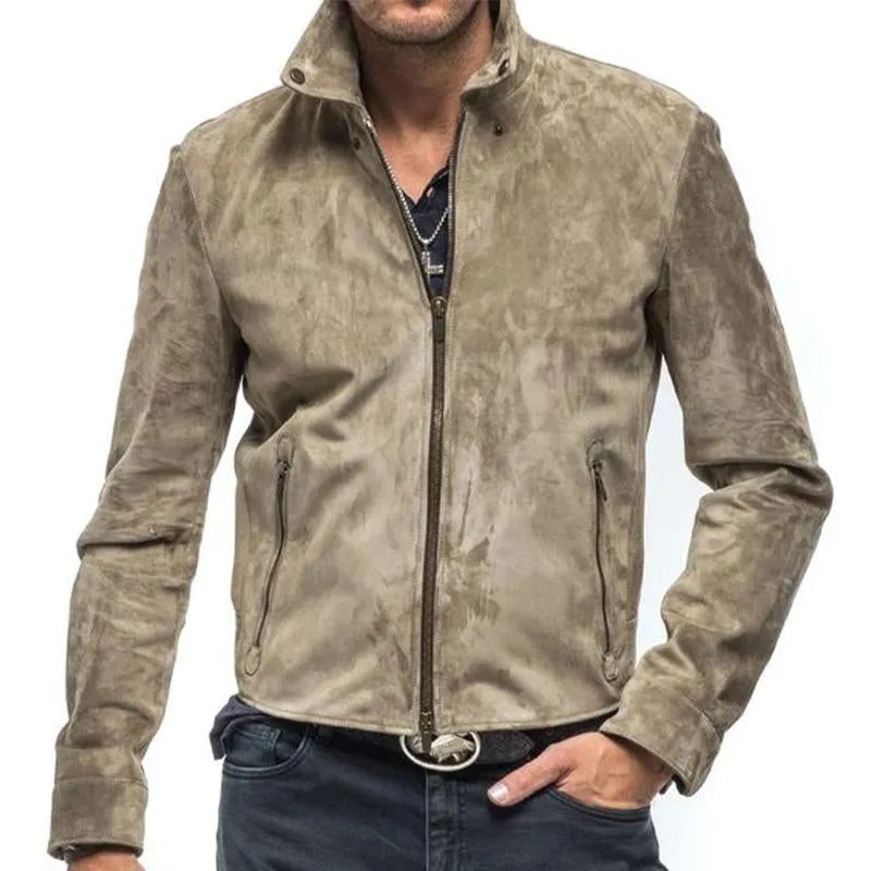 Men's Solid Suede Stand Collar Zip-Up Jacket 71209560X sold by Manly