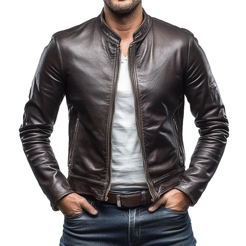 Men's Motorcycle Stand Collar Leather Jacket 93782555X sold by Manly