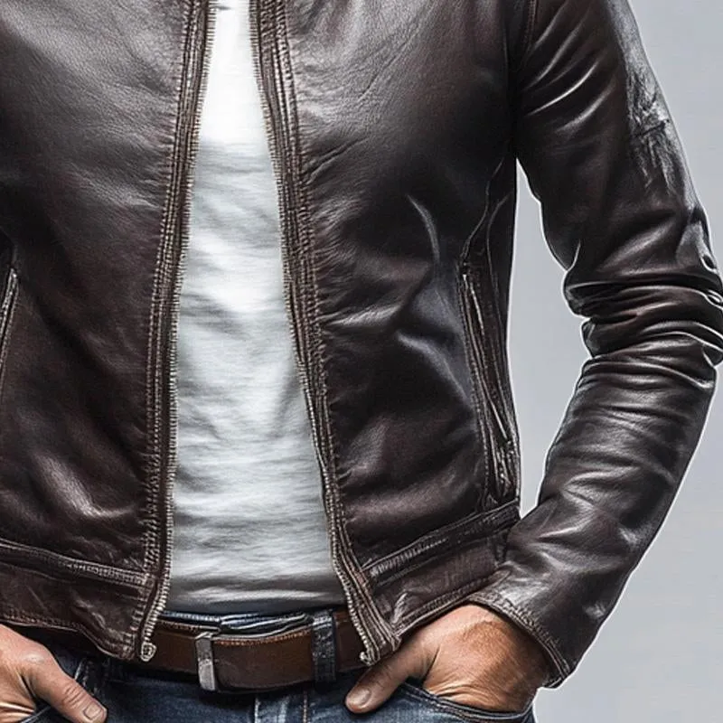 Men's Motorcycle Stand Collar Leather Jacket 93782555X sold by Manly product image thumbnail 3