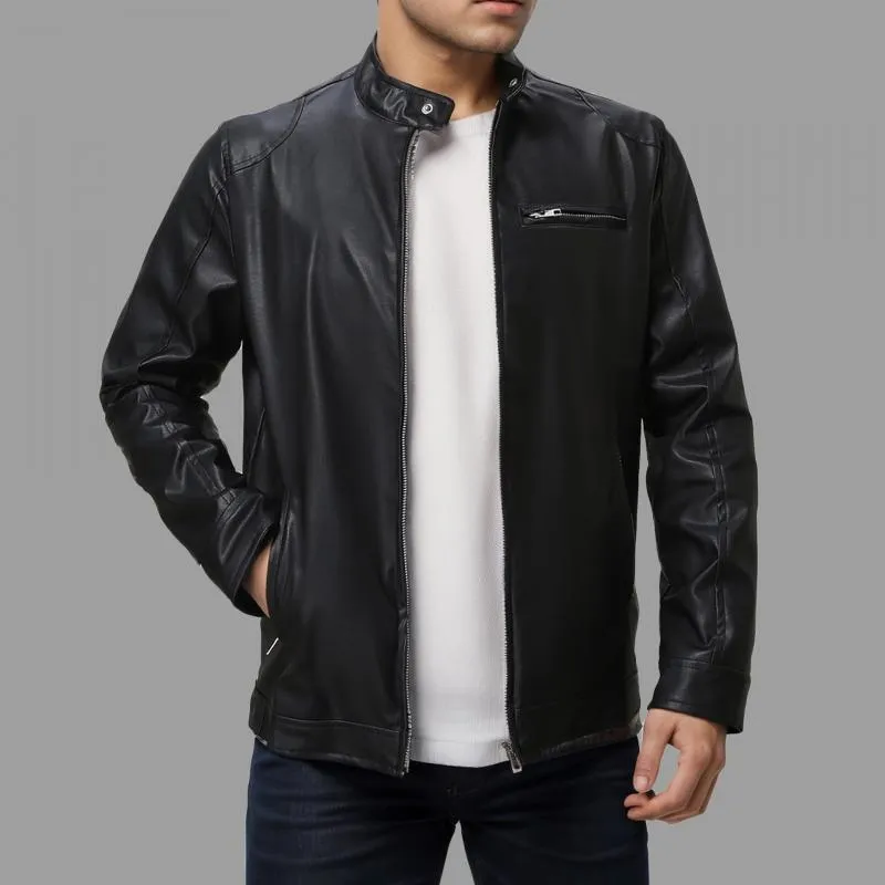 Men's Casual Stand Collar Slim Fit Zip-up Leather Motorcycle Jacket 68085444M sold by Manly product image thumbnail 5