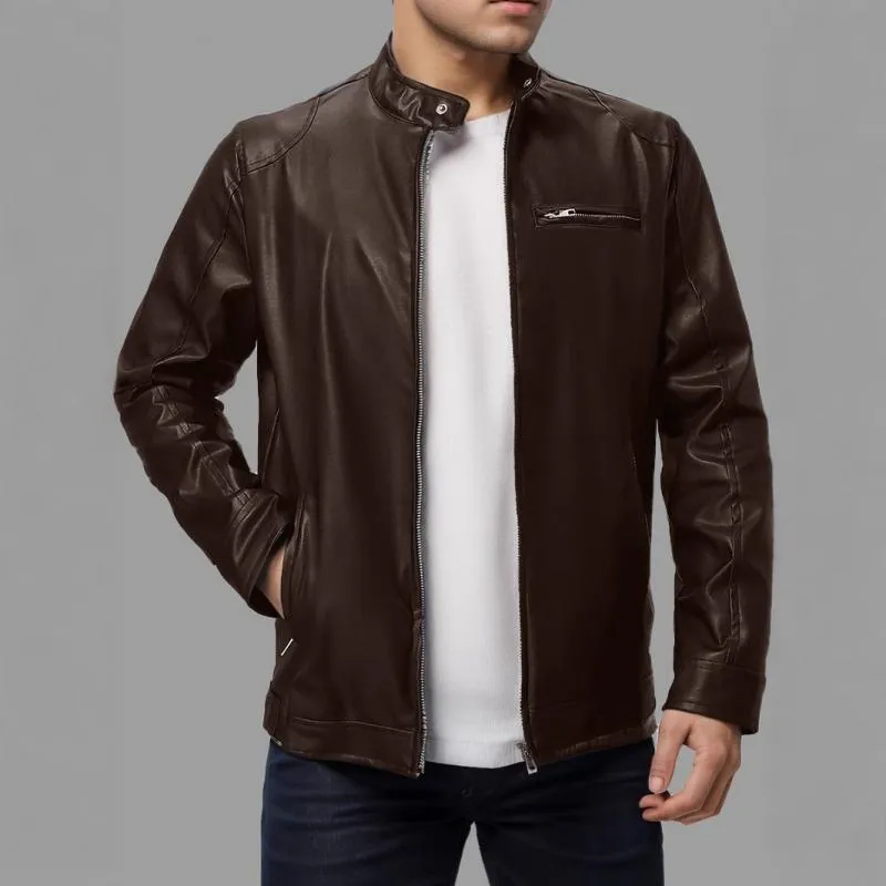 Men's Casual Stand Collar Slim Fit Zip-up Leather Motorcycle Jacket 68085444M sold by Manly product image thumbnail 2