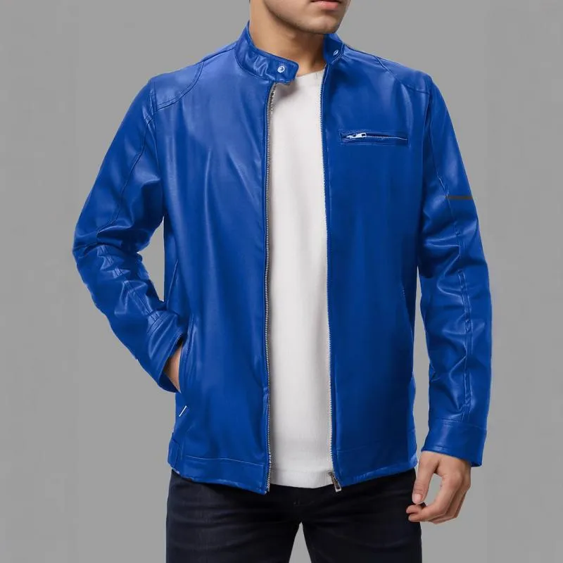 Men's Casual Stand Collar Slim Fit Zip-up Leather Motorcycle Jacket 68085444M sold by Manly product image thumbnail 3