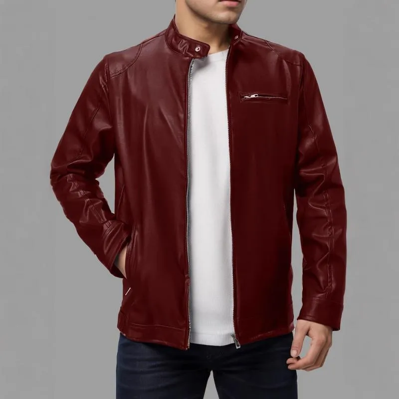 Men's Casual Stand Collar Slim Fit Zip-up Leather Motorcycle Jacket 68085444M sold by Manly product image thumbnail 4