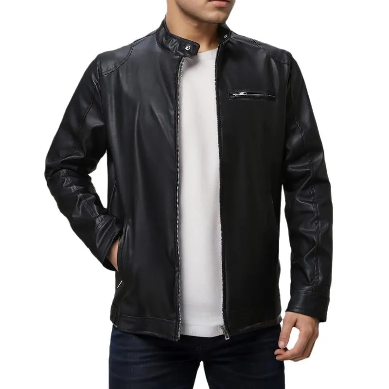 Men's Casual Stand Collar Slim Fit Zip-up Leather Motorcycle Jacket 68085444M sold by Manly