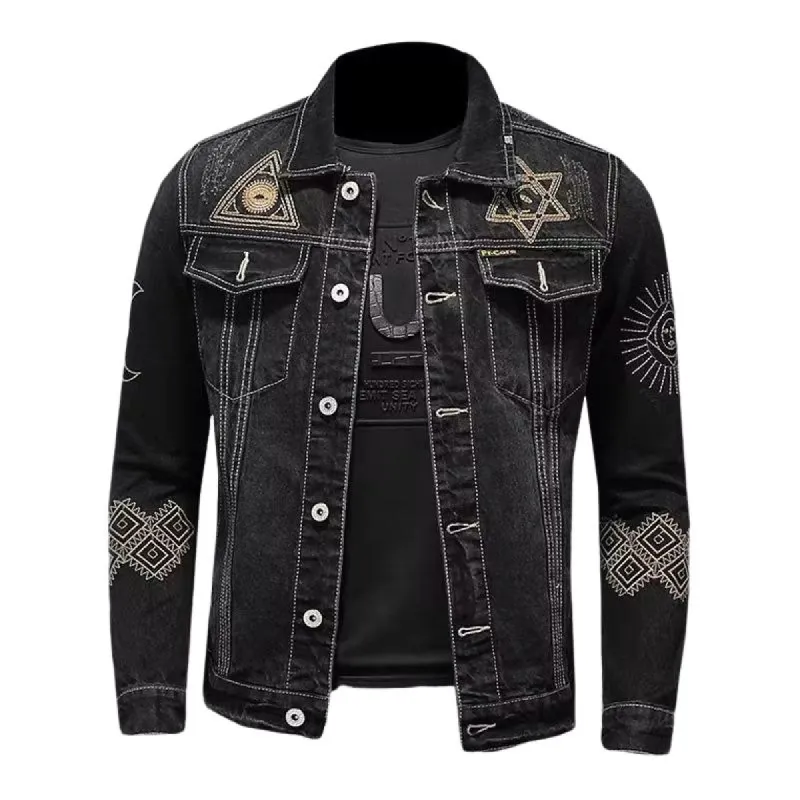 Men's Embroidered Lapel Denim Jacket 62681291U sold by Manly