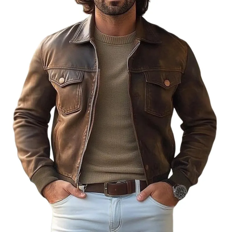 Men's Vintage Leather Casual Lapel Loose Multi-Pocket Jacket 53176219K sold by Manly