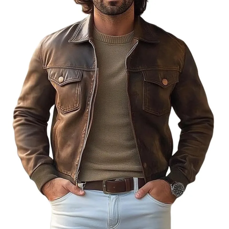 Men's Vintage Leather Casual Lapel Loose Multi-Pocket Jacket 53176219K sold by Manly