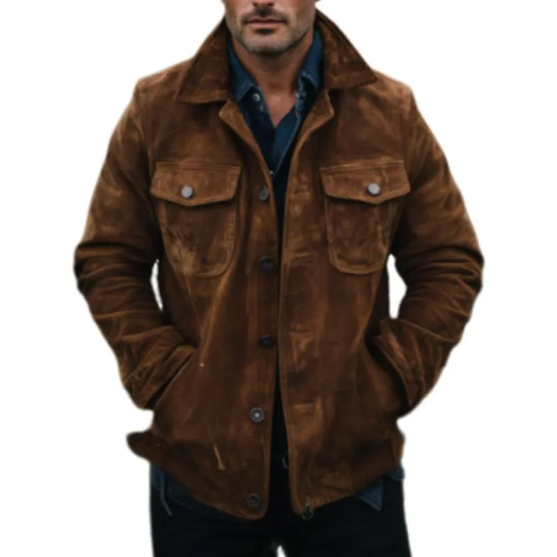 Men's Vintage Stand Collar Loose Multi-Pocket Suede Jacket 45946446K sold by Manly