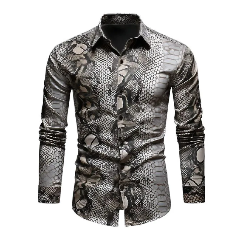 Men's Snake Print Long Sleeve Lapel Shirt 87483912X sold by Manly