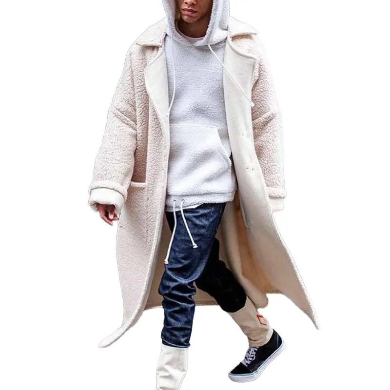 Men's Solid Color Loose Fleece Lapel Single Breasted Mid-length Coat 58791590Z sold by Manly