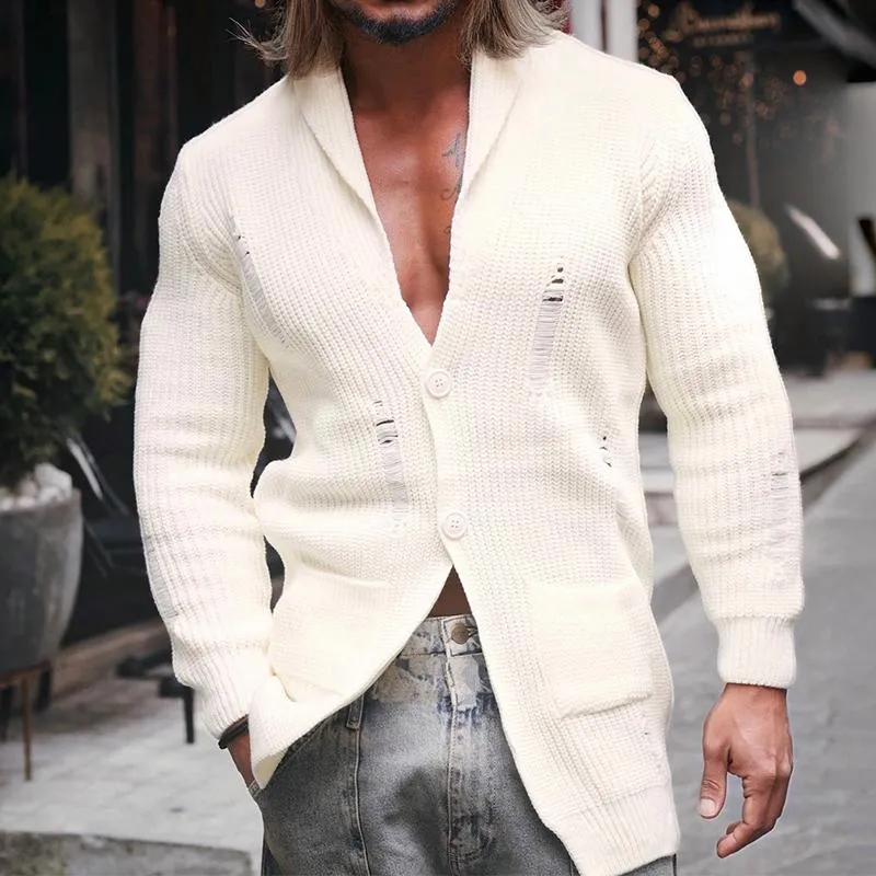 Men's Retro Casual Solid Color Ripped Lapel Sweater Cardigan 50299364TO sold by Manly product image thumbnail 2