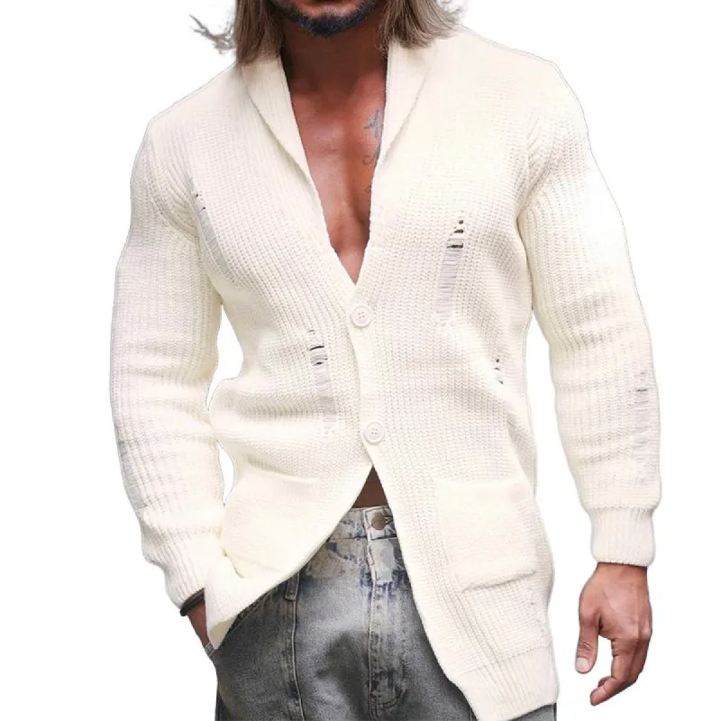 Men's Retro Casual Solid Color Ripped Lapel Sweater Cardigan 50299364TO sold by Manly