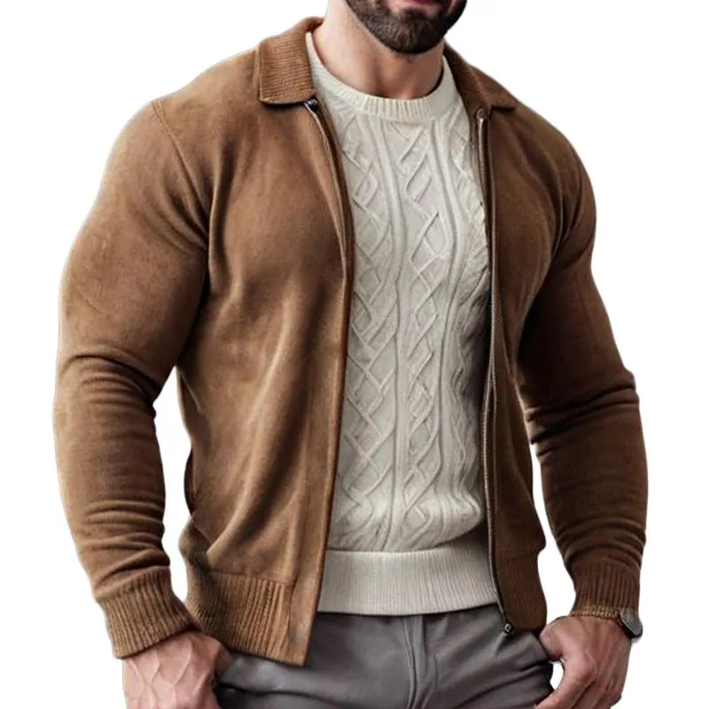 Men's Retro Casual Solid Color Zipper Lapel Knitted Cardigan 19798024TO sold by Manly