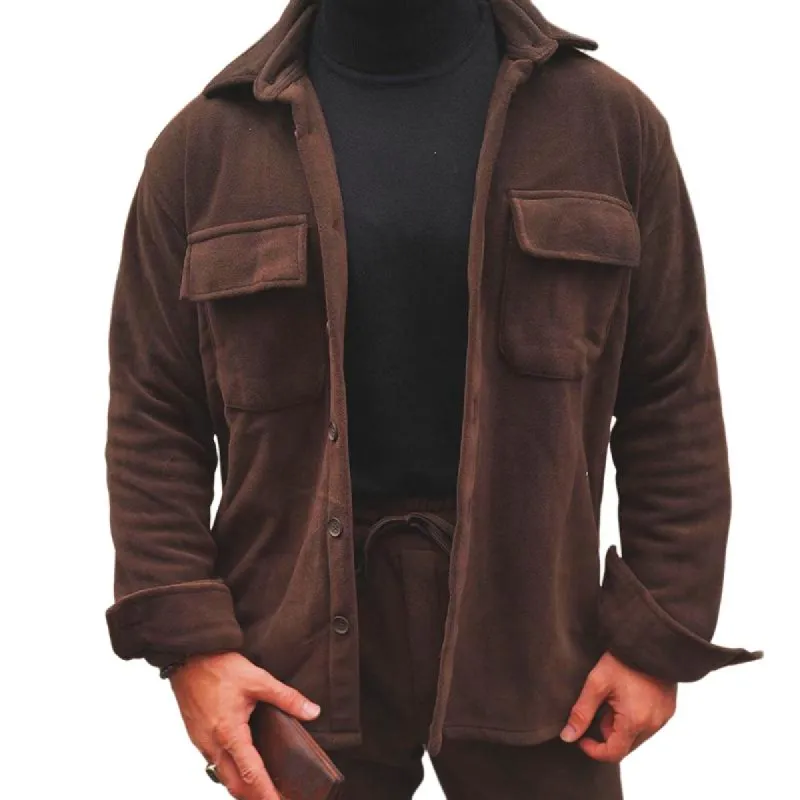 Men's Retro Casual Solid Color Polar Fleece Lapel Shirt Jacket 37682215TO sold by Manly