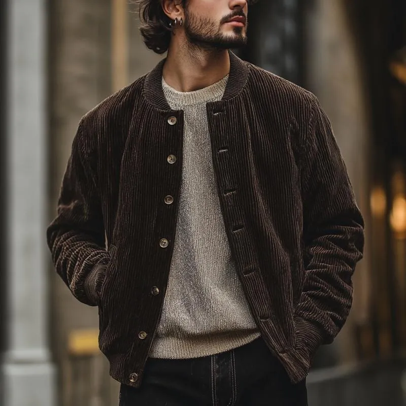 Men's Vintage Corduroy Crew Neck Single Breasted Baseball Jacket 94503127Y sold by Manly product image thumbnail 4