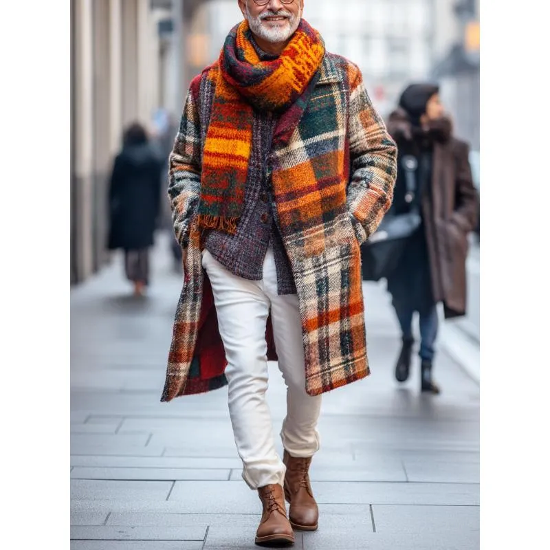 Men's Retro Woolen Colorful Plaid Print Lapel Single Breasted Mid-Length Coat 87946740Y sold by Manly product image thumbnail 4