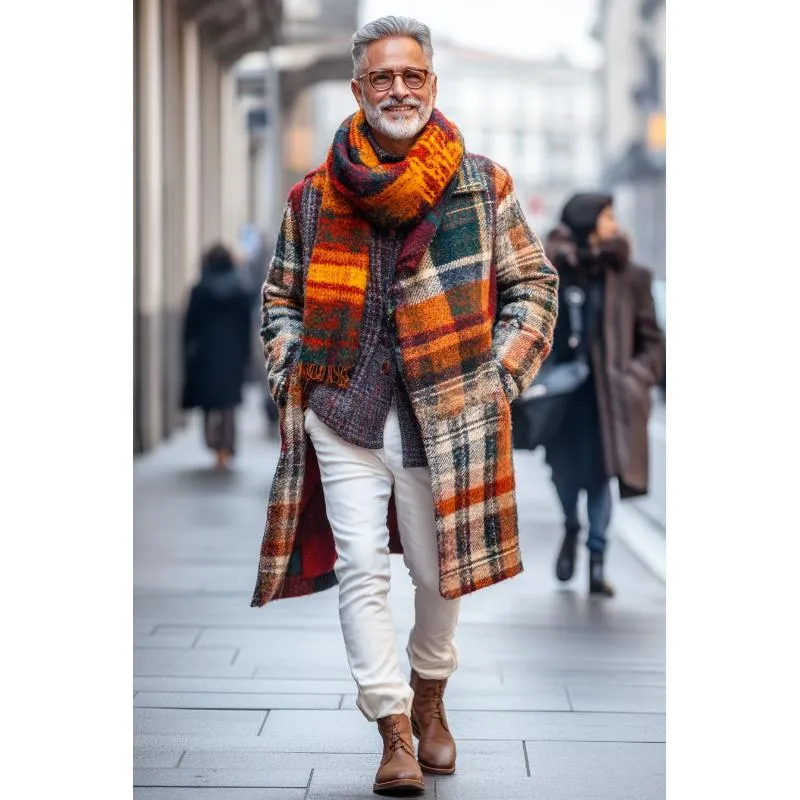 Men's Retro Woolen Colorful Plaid Print Lapel Single Breasted Mid-Length Coat 87946740Y sold by Manly product image thumbnail 3