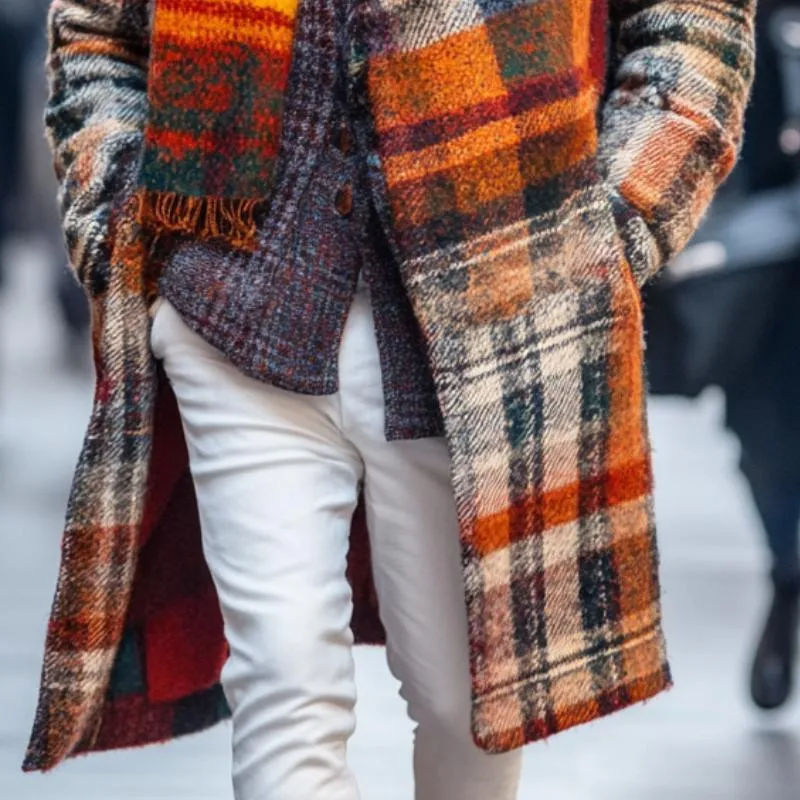 Men's Retro Woolen Colorful Plaid Print Lapel Single Breasted Mid-Length Coat 87946740Y sold by Manly product image thumbnail 2