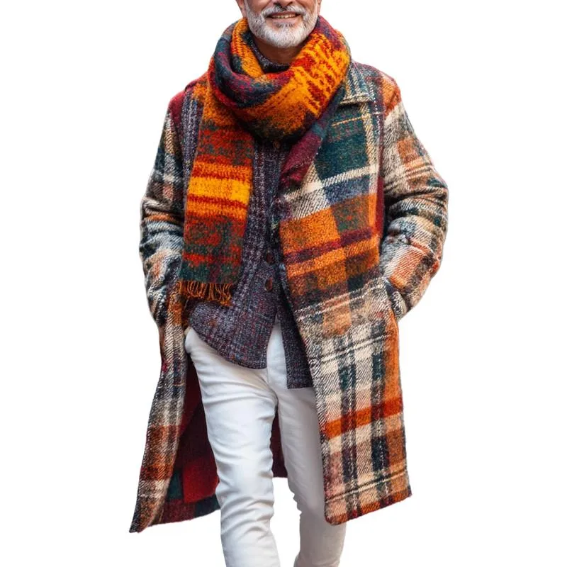 Men's Retro Woolen Colorful Plaid Print Lapel Single Breasted Mid-Length Coat 87946740Y sold by Manly