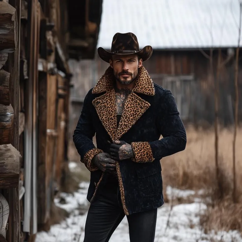 Men's Vintage Suede Stitching Leopard Print Fur Collar Short Coat 02531960Y sold by Manly product image thumbnail 3