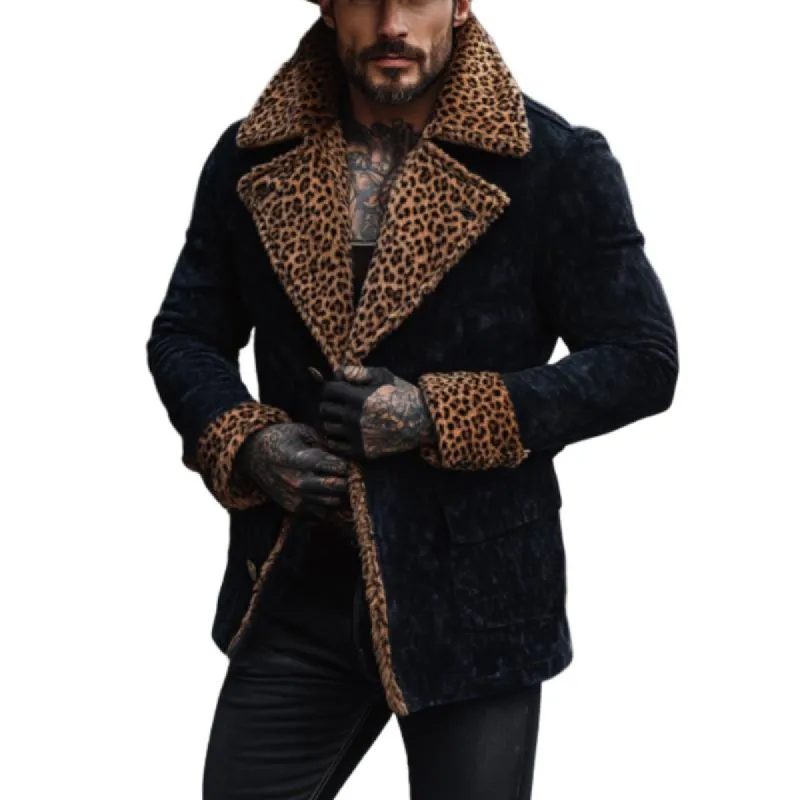 Men's Vintage Suede Stitching Leopard Print Fur Collar Short Coat 02531960Y sold by Manly