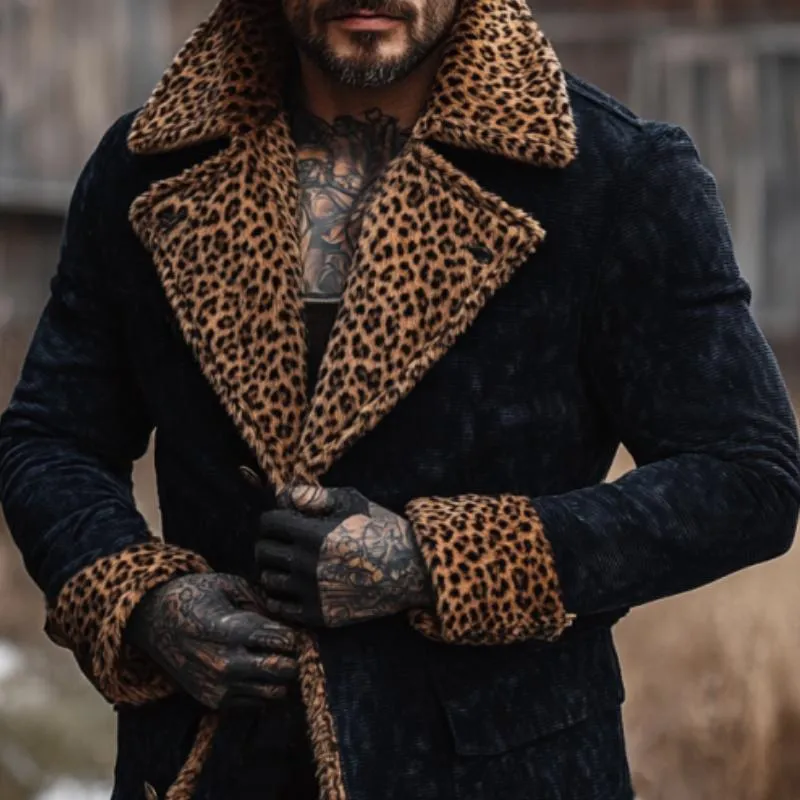 Men's Vintage Suede Stitching Leopard Print Fur Collar Short Coat 02531960Y sold by Manly product image thumbnail 2