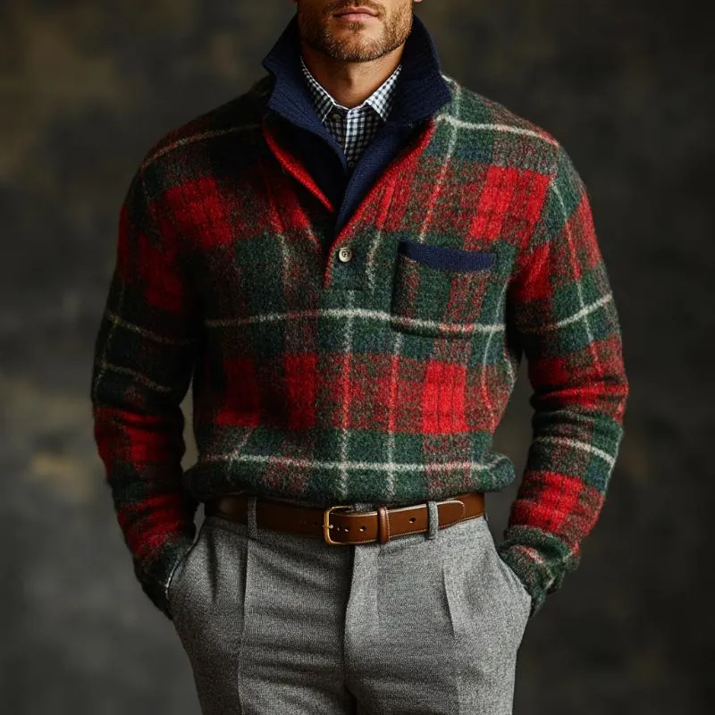 Men's Vintage Christmas Plaid Knit Double Collar Sweater 96650060Y sold by Manly product image thumbnail 3