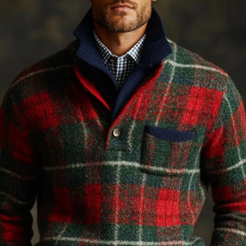 Men's Vintage Christmas Plaid Knit Double Collar Sweater 96650060Y sold by Manly product image thumbnail 2