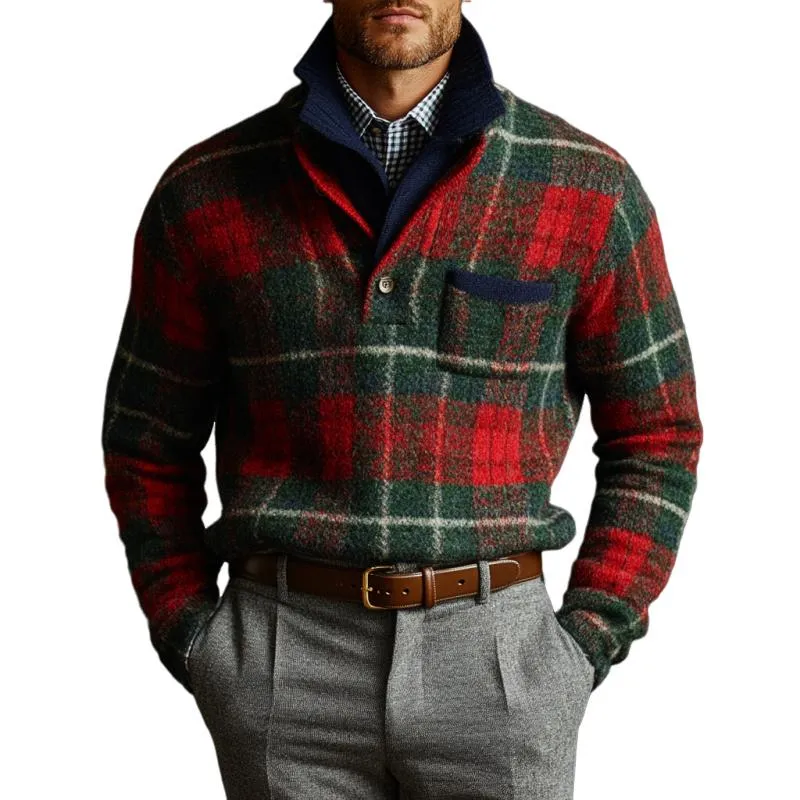 Men's Vintage Christmas Plaid Knit Double Collar Sweater 96650060Y sold by Manly