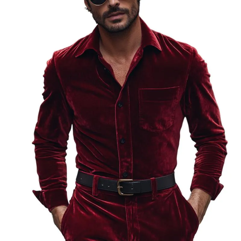 Men's Vintage Velvet Lapel Neck Chest Pocket Long Sleeve Shirt 73583205Y made by Manly