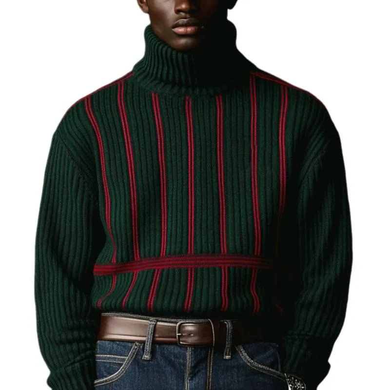 Men's Vintage Christmas Color-Blocked Vertical Striped Knitted Turtleneck Sweater 47849257Y sold by Manly