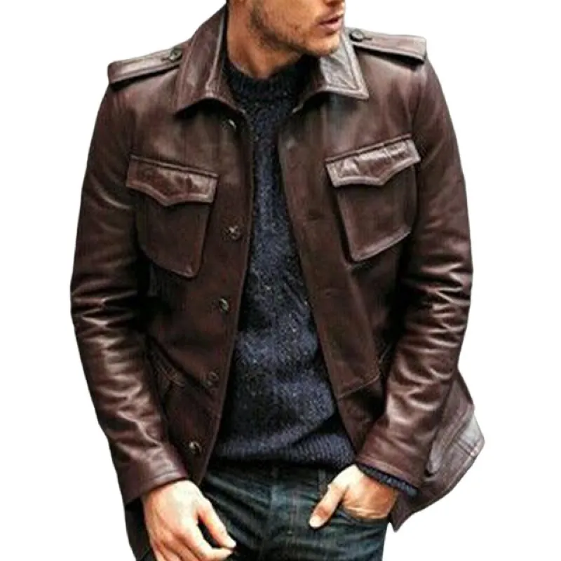 Men's Retro Dark Red Lapel Button Leather Jacket 55200689U sold by Manly