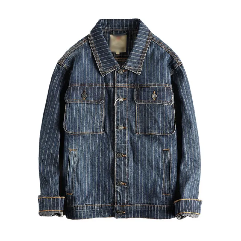 Men's Vintage Washed Distressed Striped Multi-pocket Denim Jacket 02116926M sold by Manly