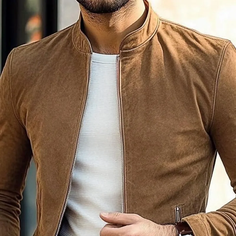 Men's Solid Suede Stand Collar Zip-Up Jacket 55369231X sold by Manly product image thumbnail 2