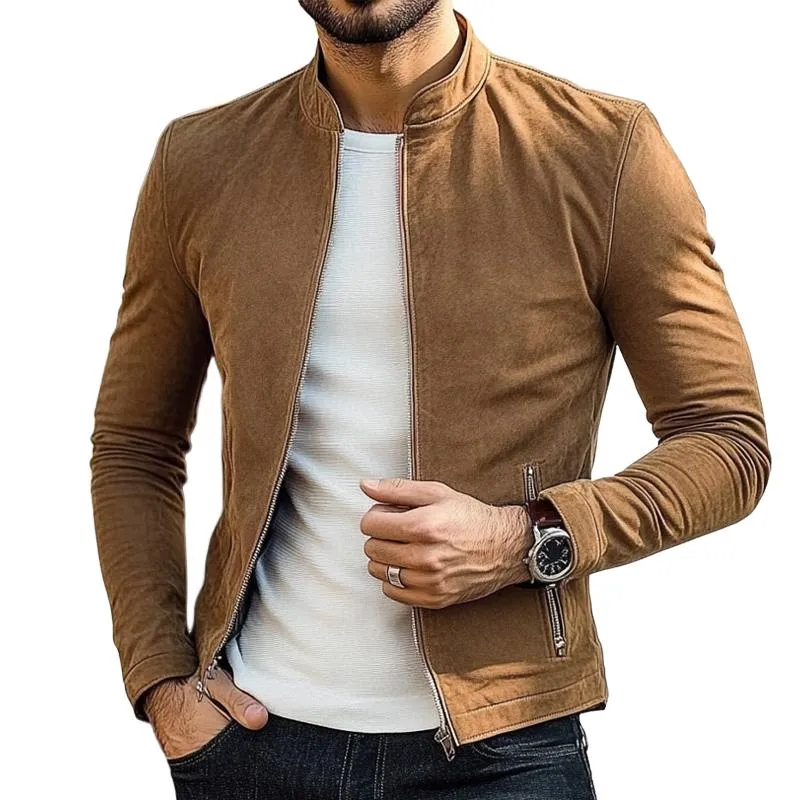 Men's Solid Suede Stand Collar Zip-Up Jacket 55369231X sold by Manly