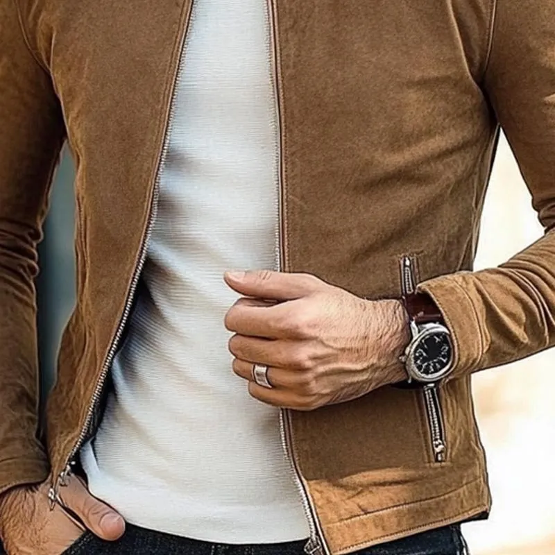 Men's Solid Suede Stand Collar Zip-Up Jacket 55369231X sold by Manly product image thumbnail 3