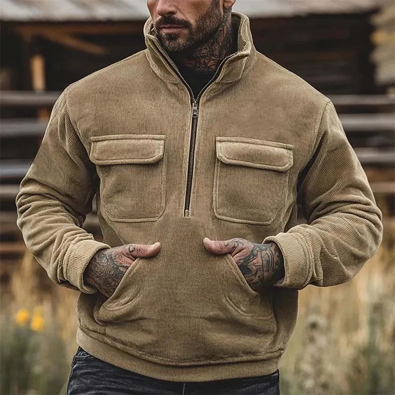 Men's Corduroy Stand Collar Solid Color Sweatshirt 43150283X sold by Manly product image thumbnail 3