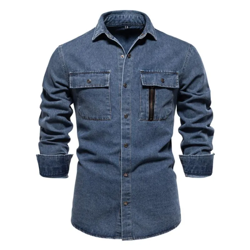 Men's Denim Lapel Chest Pocket Long Sleeve Cargo Shirt 80094373Z sold by Manly