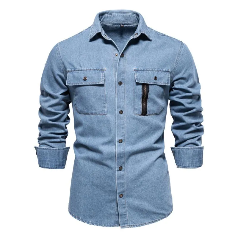 Men's Denim Lapel Chest Pocket Long Sleeve Cargo Shirt 80094373Z sold by Manly product image thumbnail 2