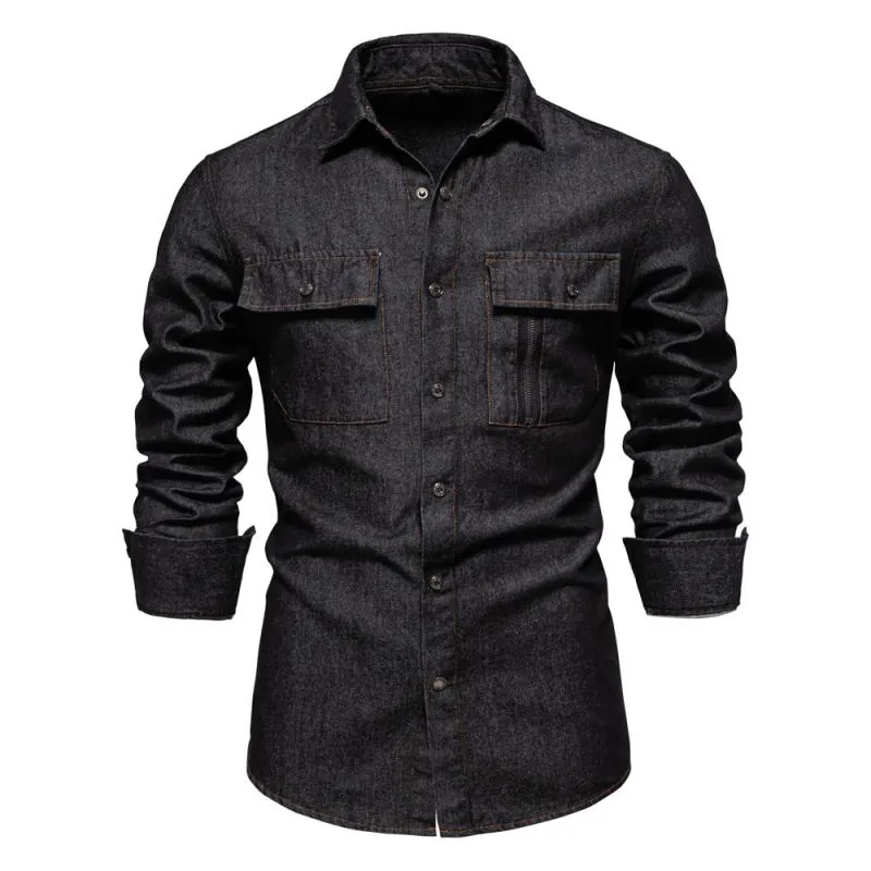 Men's Denim Lapel Chest Pocket Long Sleeve Cargo Shirt 80094373Z sold by Manly product image thumbnail 3
