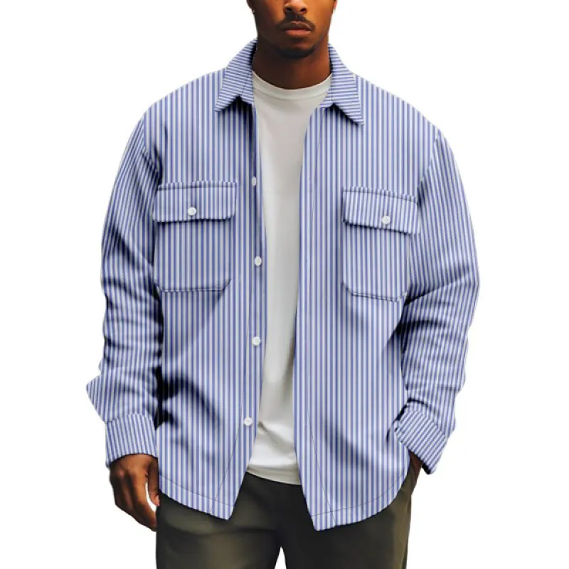 Men's Striped Lapel Chest Pocket Single Breasted Shirt Jacket 64523981Z sold by Manly