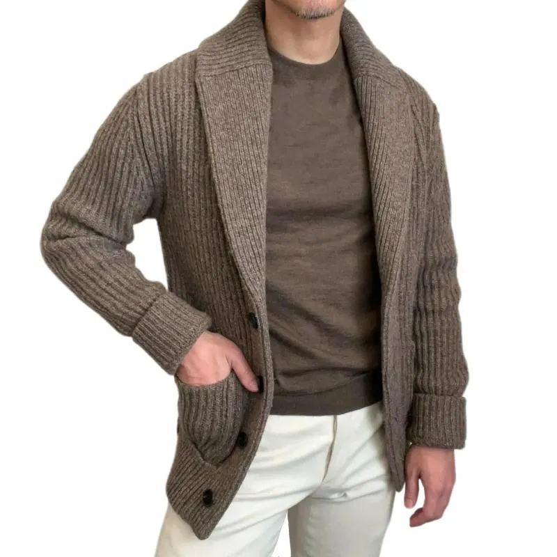 Men's Solid Color Knit Lapel Single Breasted Casual Cardigan 33649358Z sold by Manly