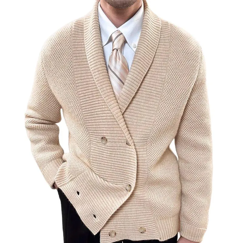 Men's Fashion Solid Color Knit Lapel Double Breasted Casual Cardigan 52300182Z sold by Manly