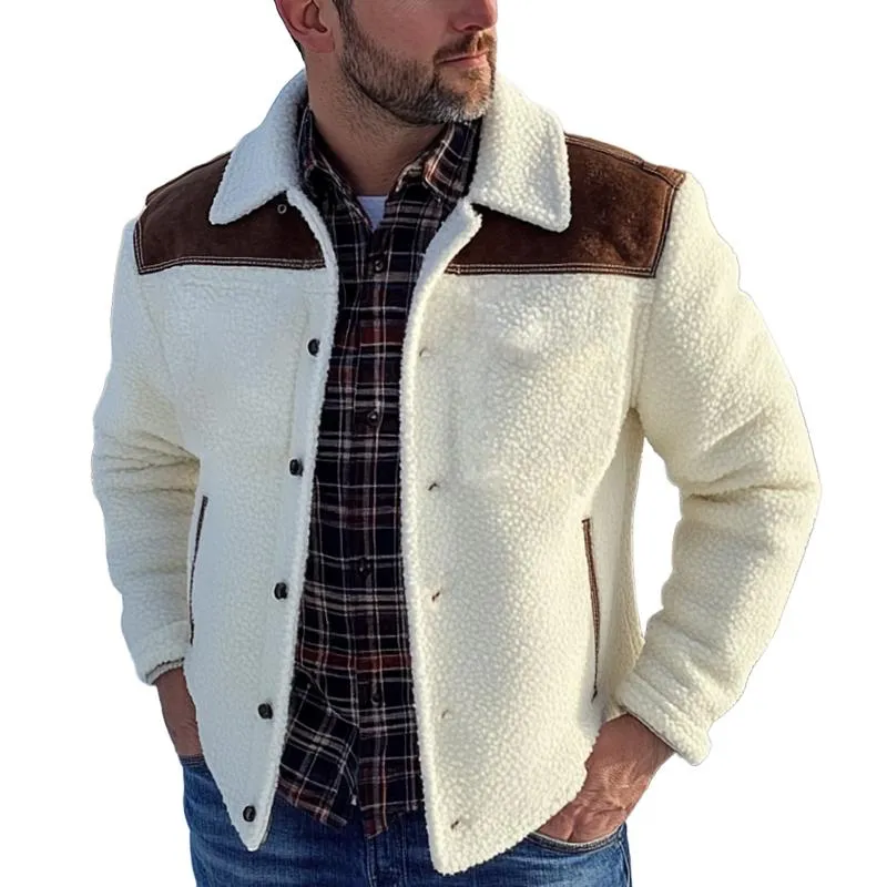 Men's Fashion Fleece Stitching Suede Shoulder Lapel Single Breasted Jacket 73339328Z sold by Manly