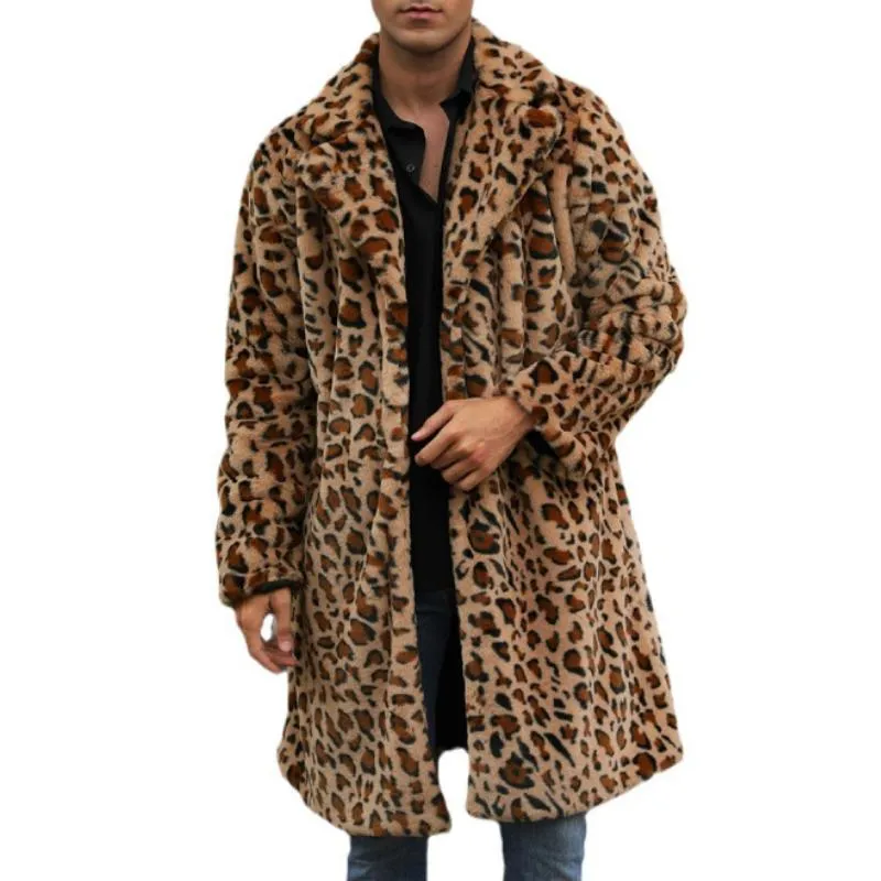 Men's Classic Casual Leopard Plush Faux Fur Suit Collar Mid-Length Coat 66169813K sold by Manly