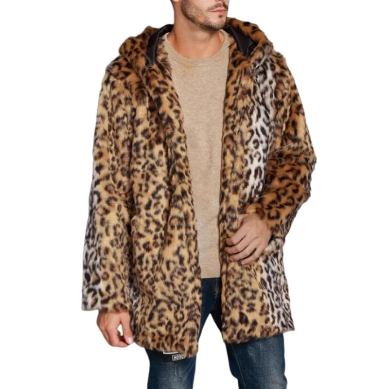 Men's Classic Casual Leopard Print Hooded Plush Faux Fur Coat 90965761K sold by Manly